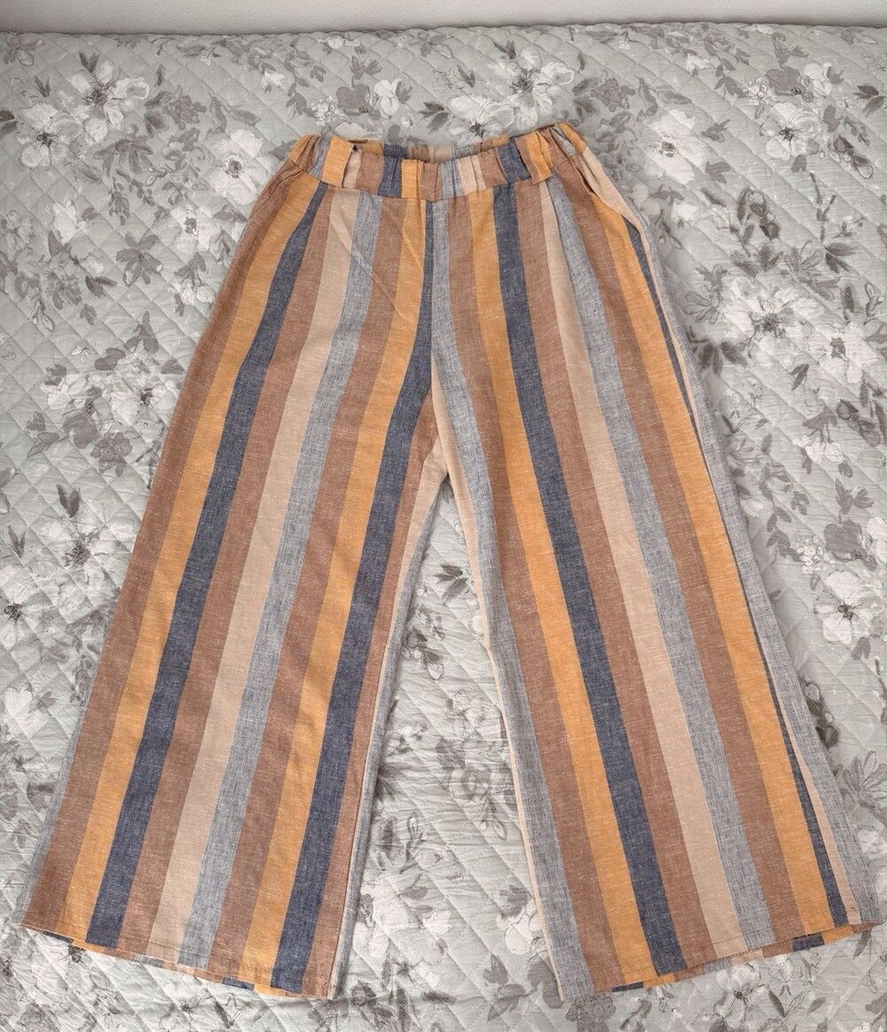 Made in Italy Linen Blend Wide Leg Crop Pants Pleated Elastic Waist Pockets M/L